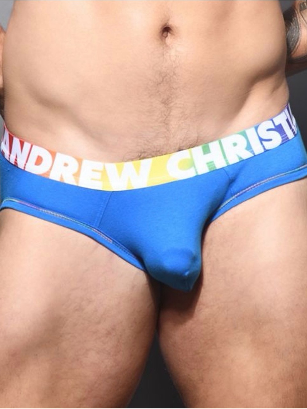 Andrew Christian Bright Blue Briefs with Rainbow Unicorn Tag